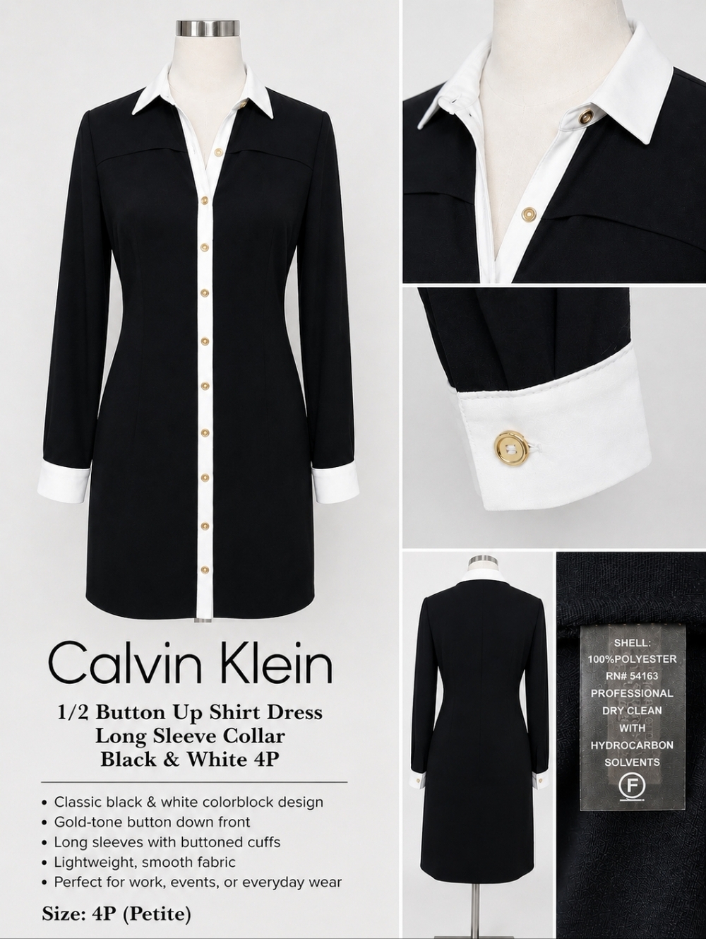 Calvin Klein Black White Shirt Dress Long Sleeve Button Front Collar Petite 4P